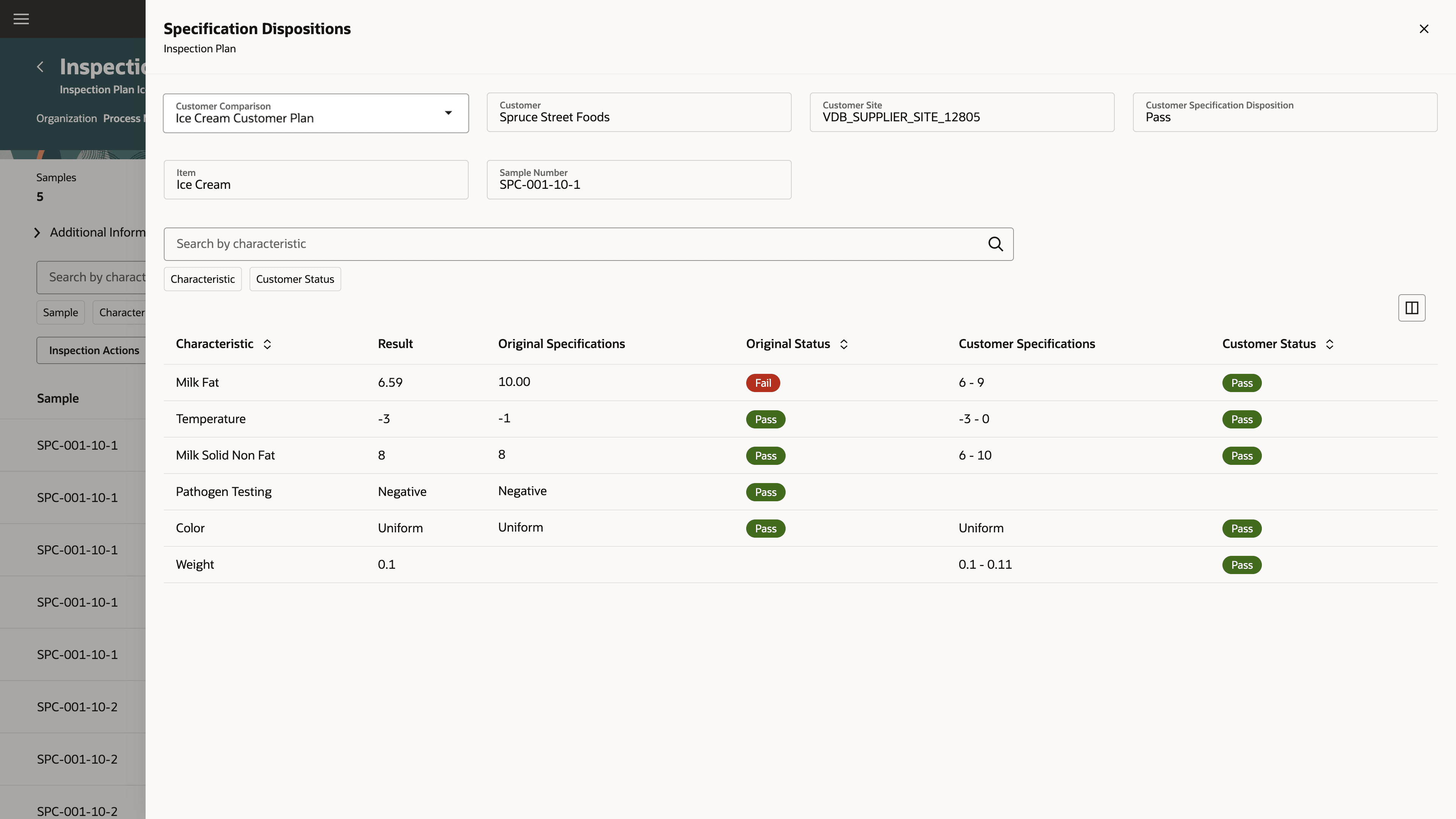 View customer specification dispositions for an inspection