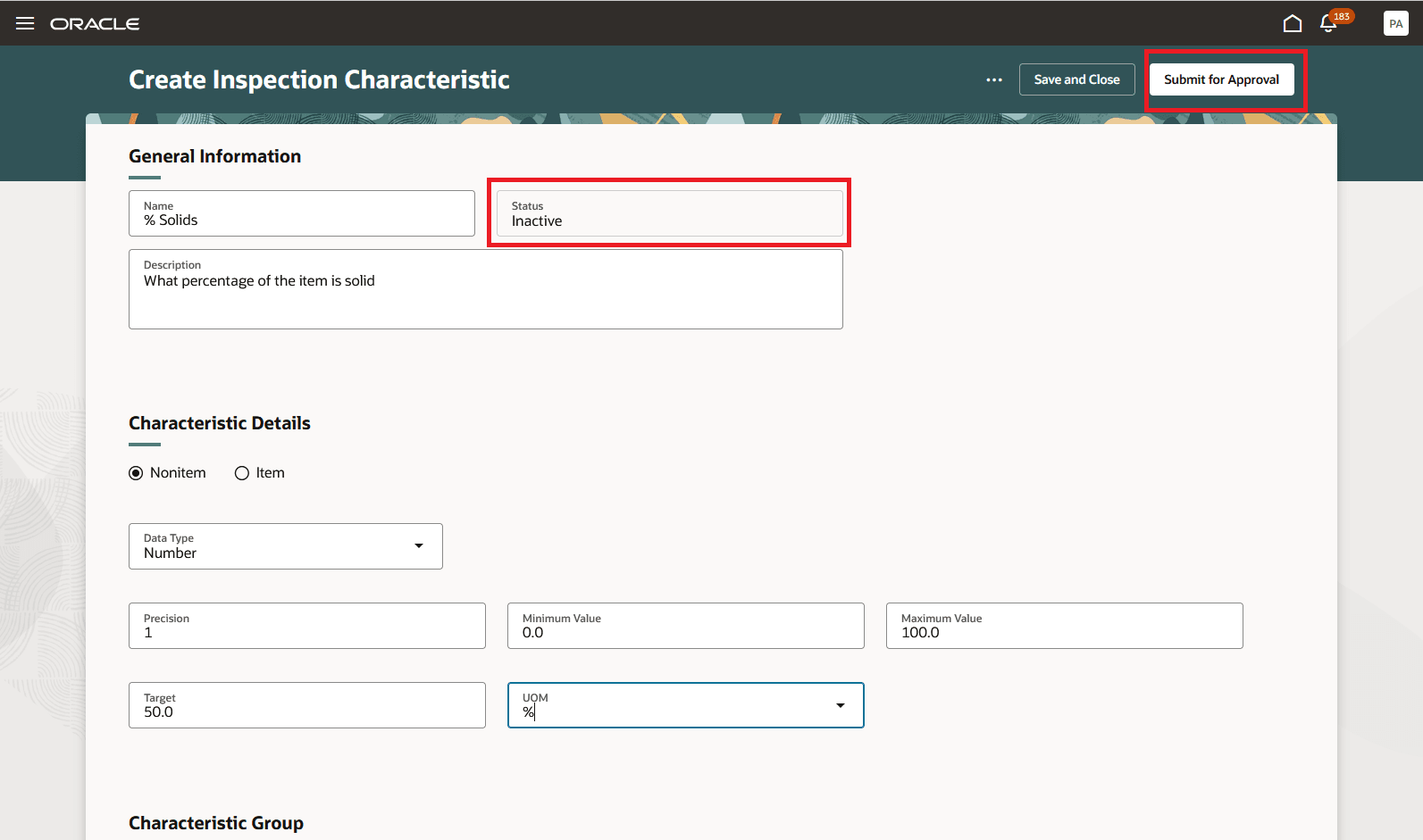Submit inspection characteristic for activation