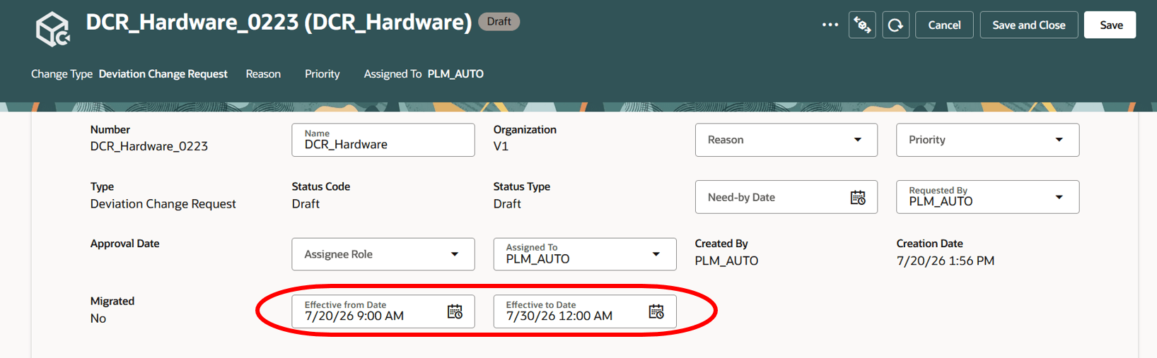 Deviation change request with effective from and effective to fields