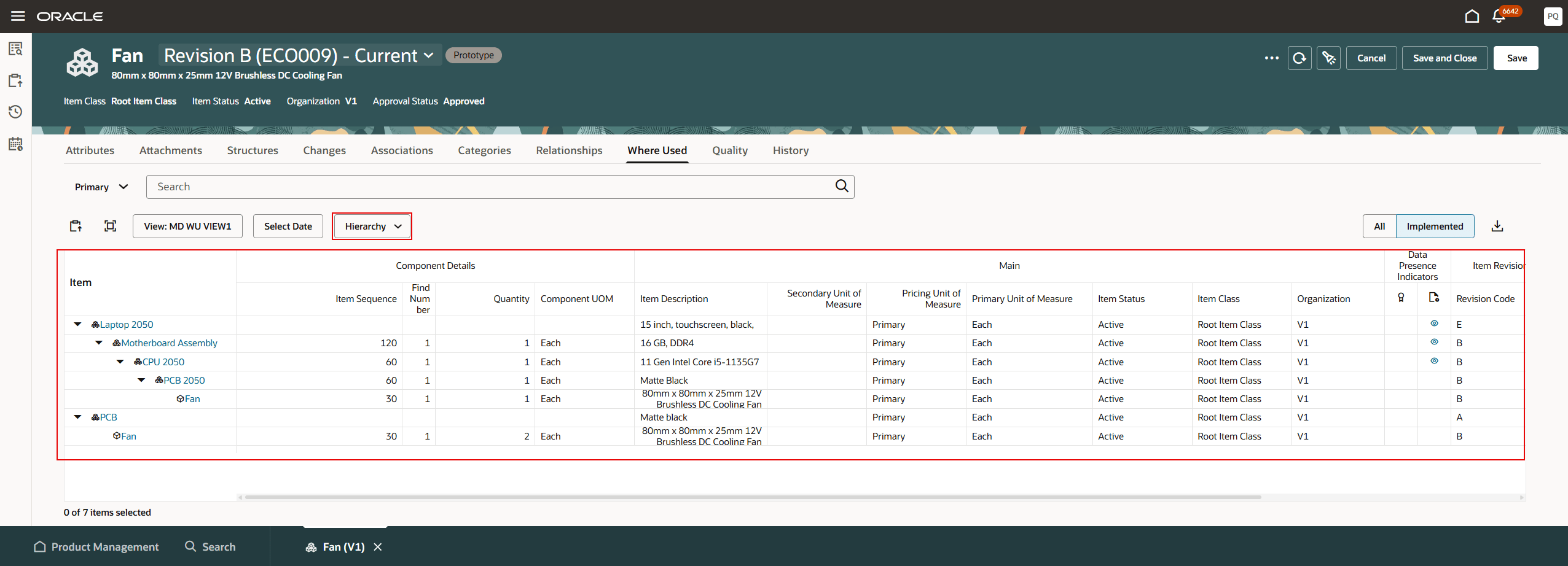  Hierarchy view on the where used tab of item