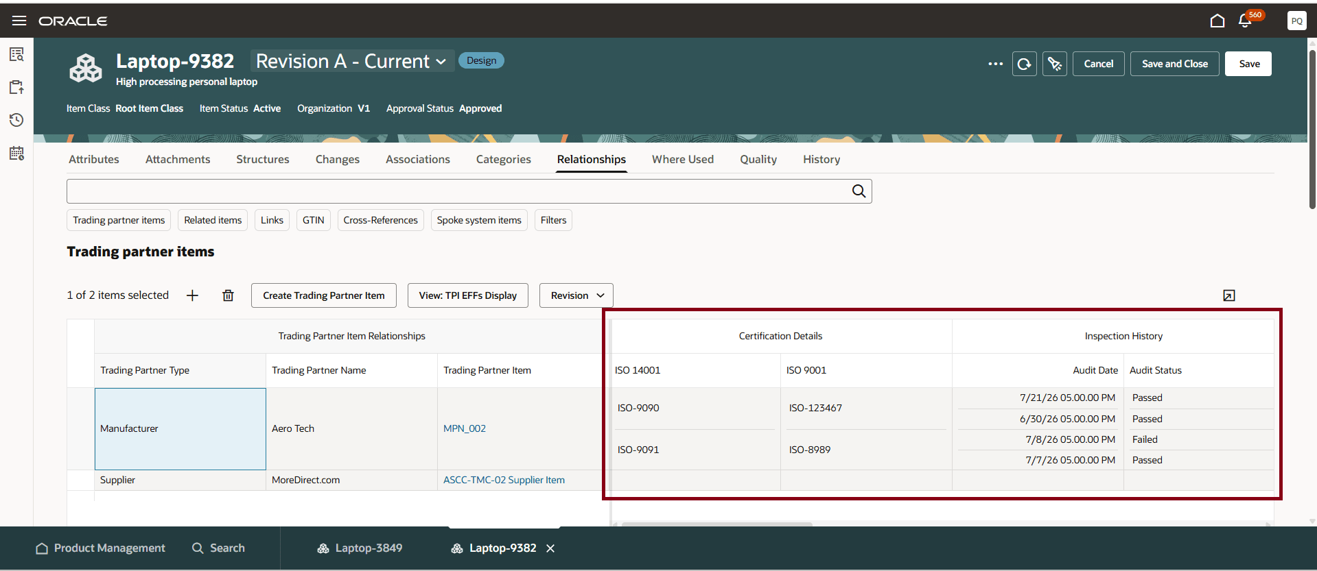 Trading Partner Item Relationships table: Manufacturer extensible flexfield attributes