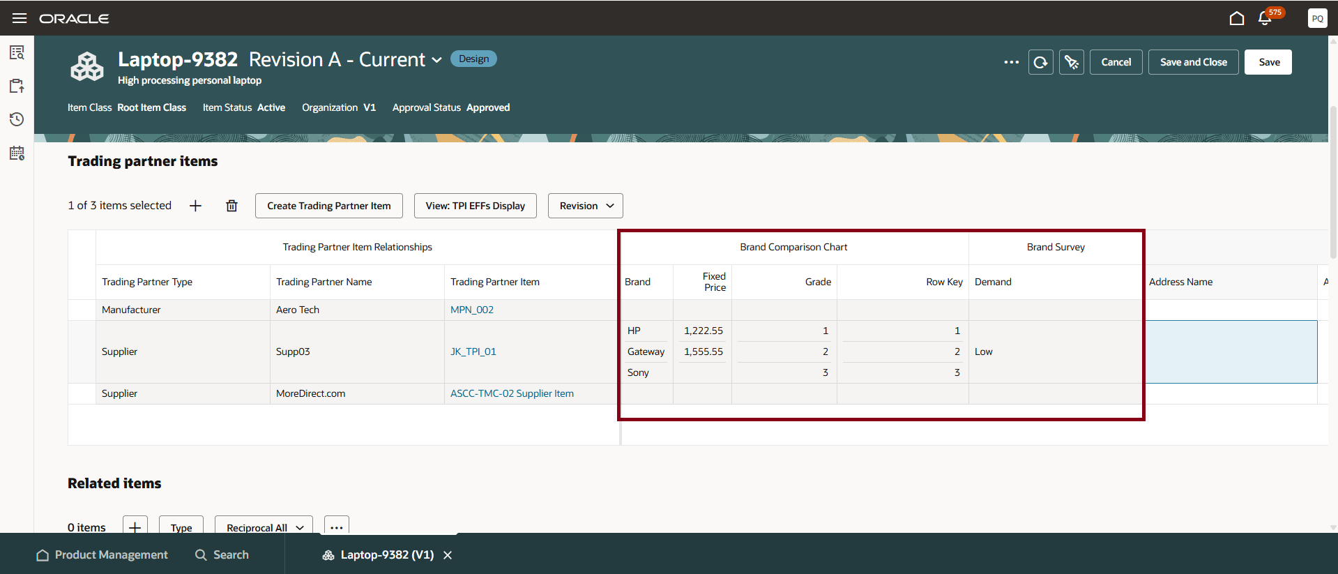 Trading Partner Item Relationships table: Trading partner item extensible flexfield attributes