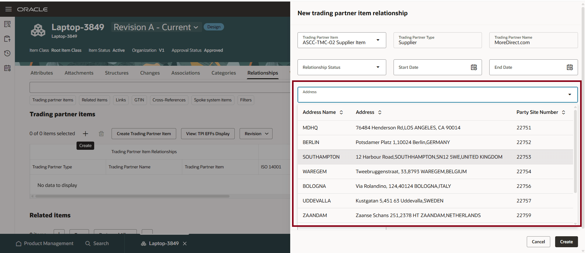 Supplier trading partner item relationship: Select supplier address
