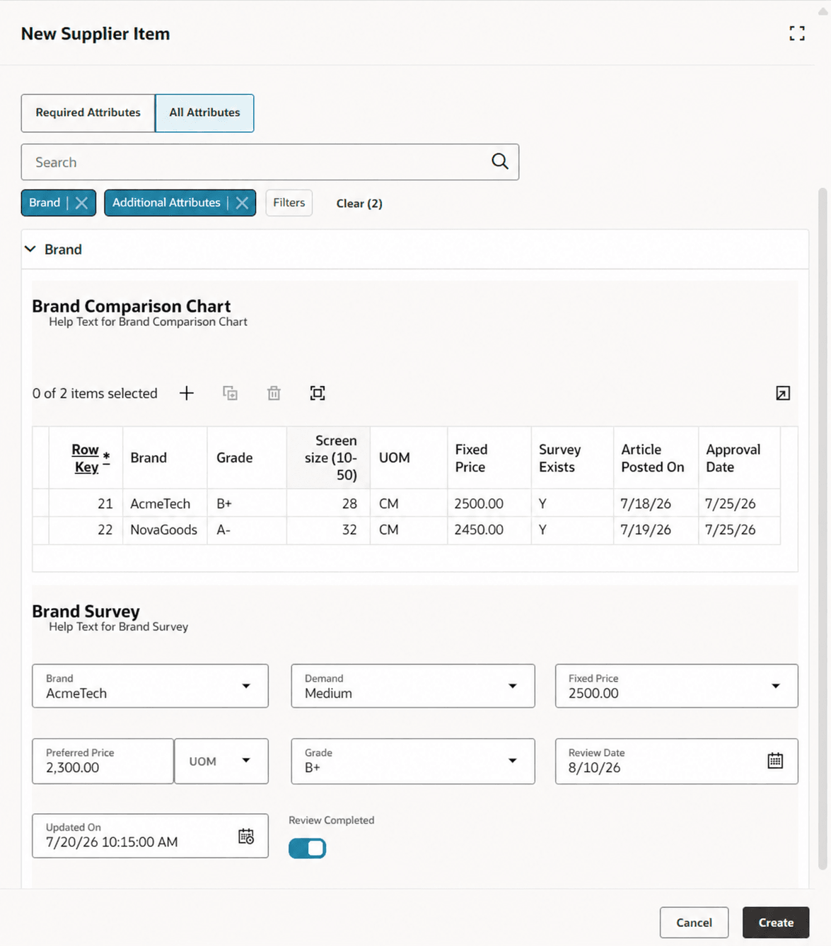 Creating a trading partner item: All Attributes All Attributes view for entering single row and multirow extensible flexfield values