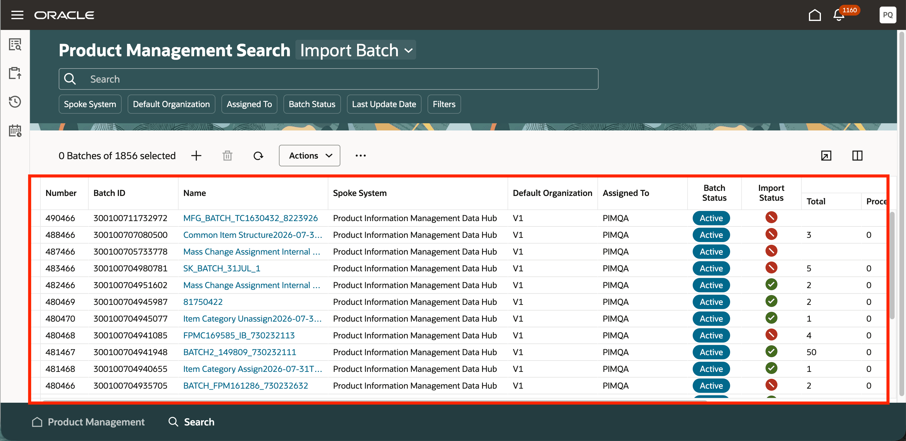 Product Management import batch details