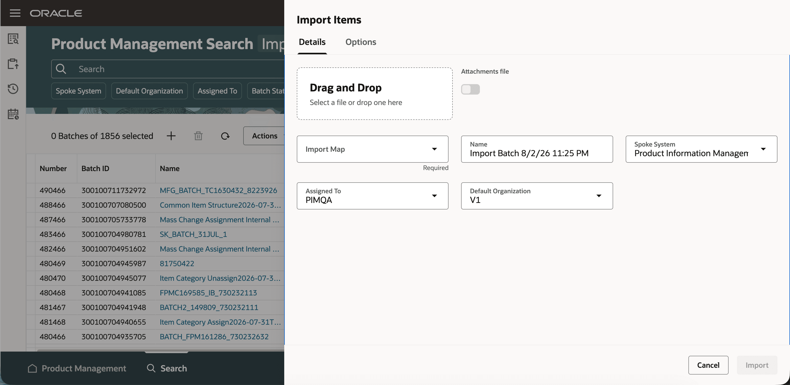 Product Management import items drawer