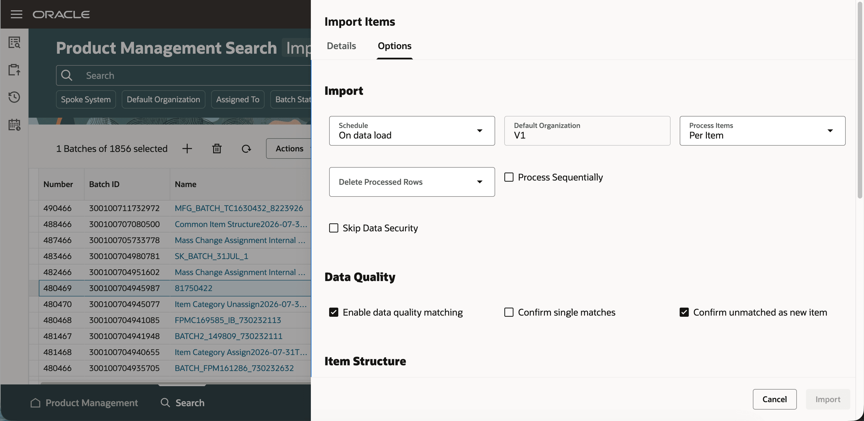 Product Management import batch options