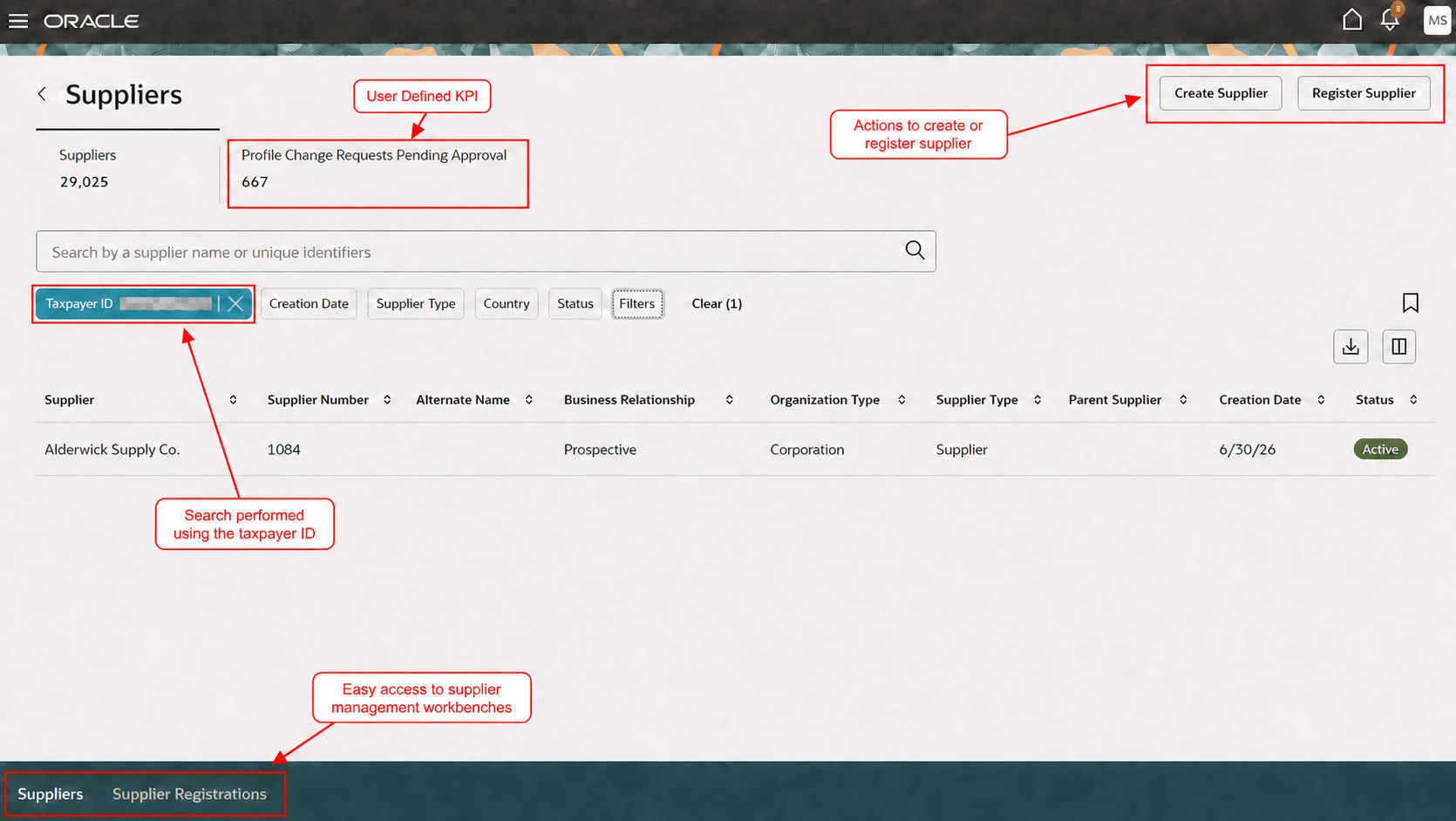 Suppliers workbench with the&nbsp;Taxpayer ID and Tax Registration Number filters