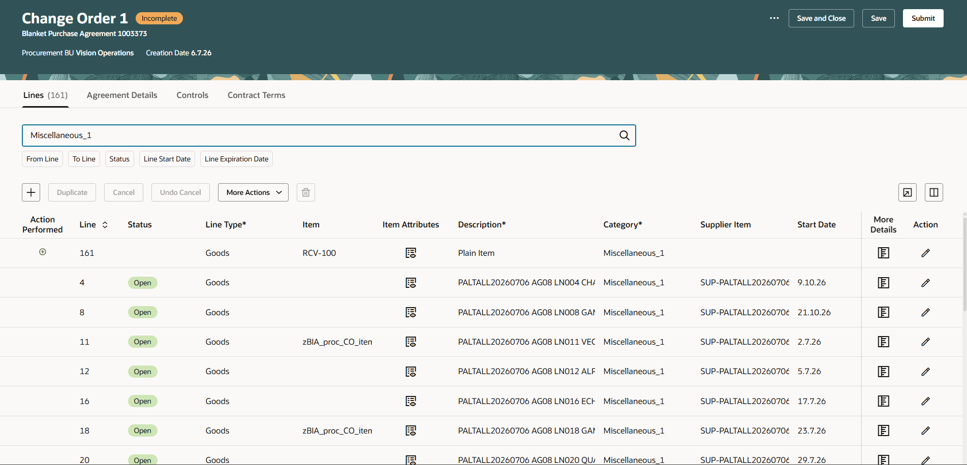 Search on Purchase Agreement Change Order