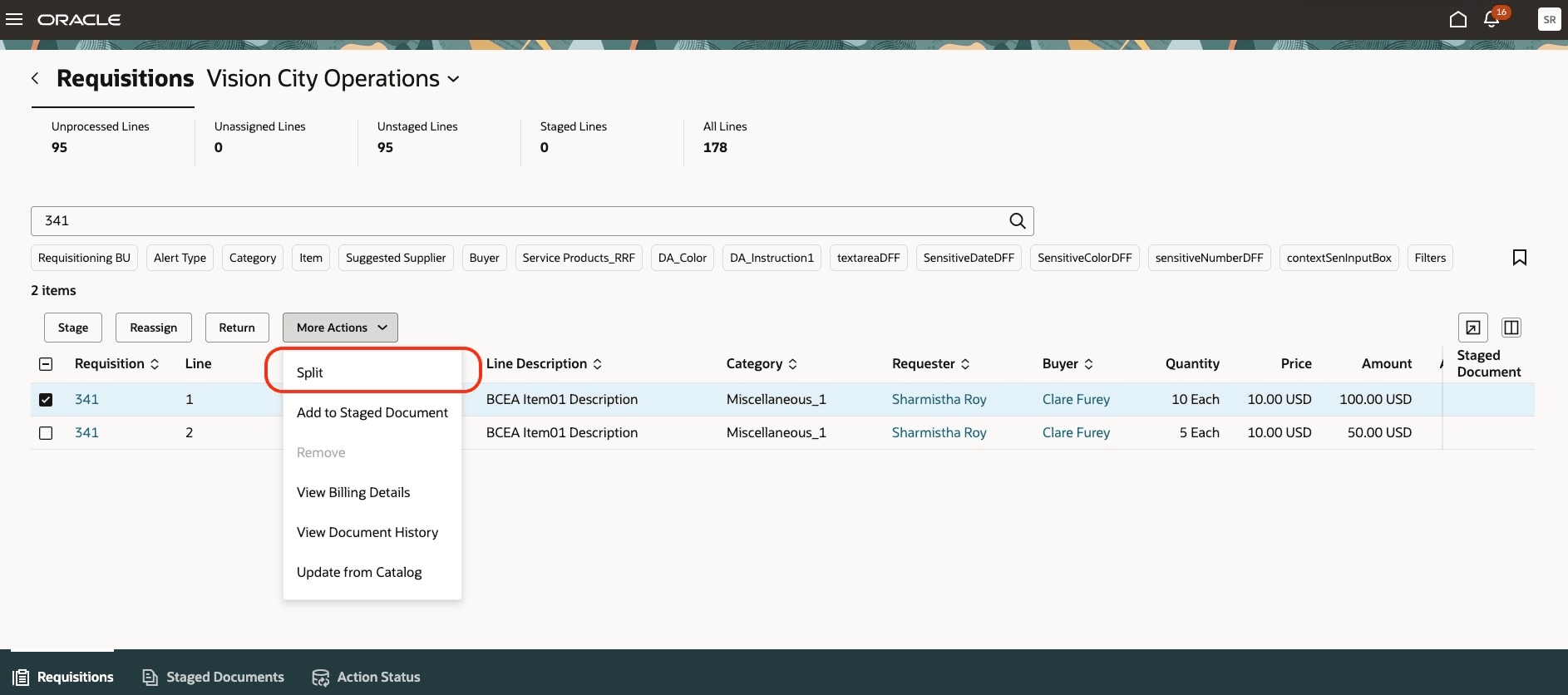 Split action enabled for budget-controlled requisition lines