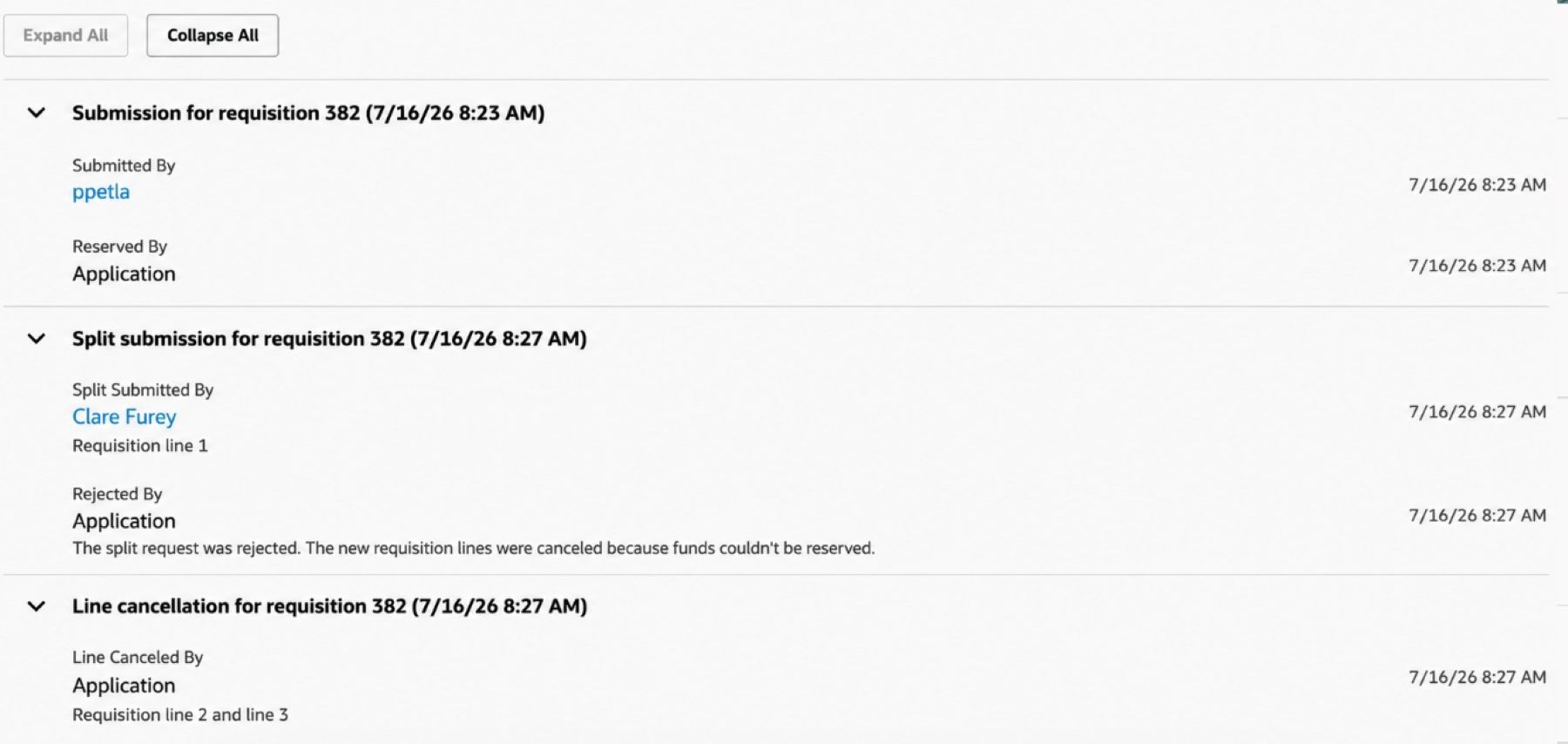 Document History Recorded for Cancelled Lines