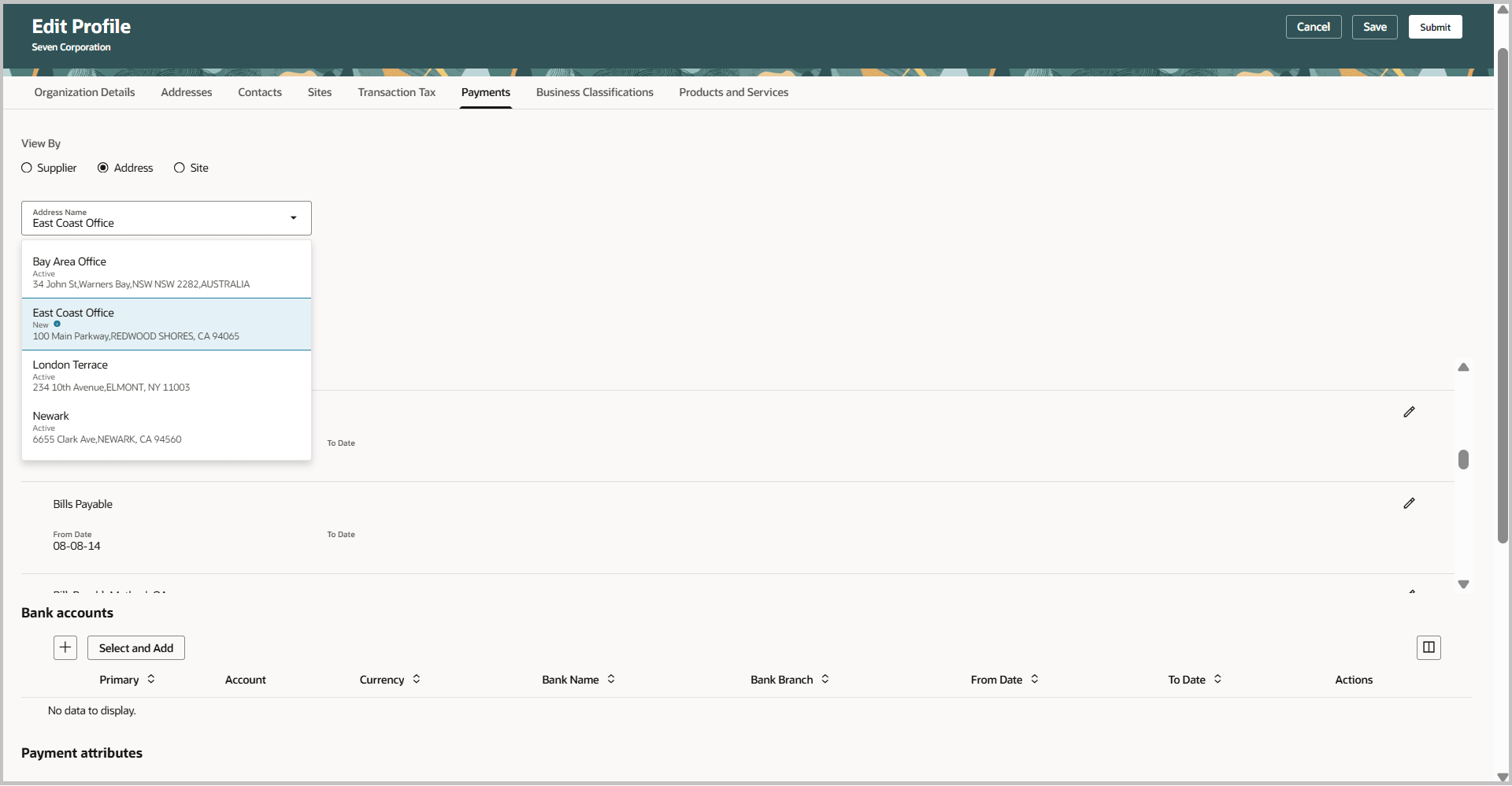 Edit Supplier -Payments tab