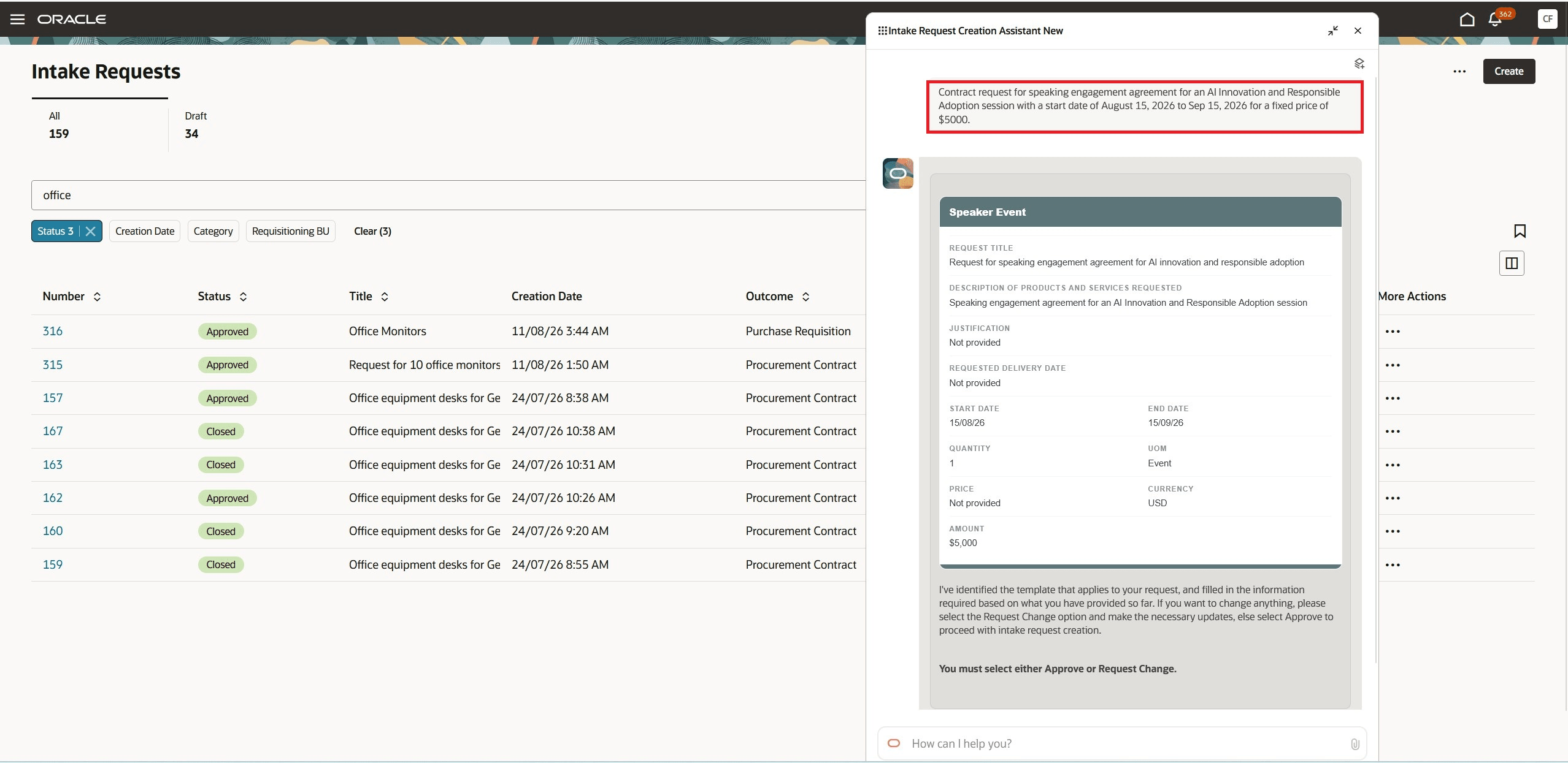Create intake request for procurement contract