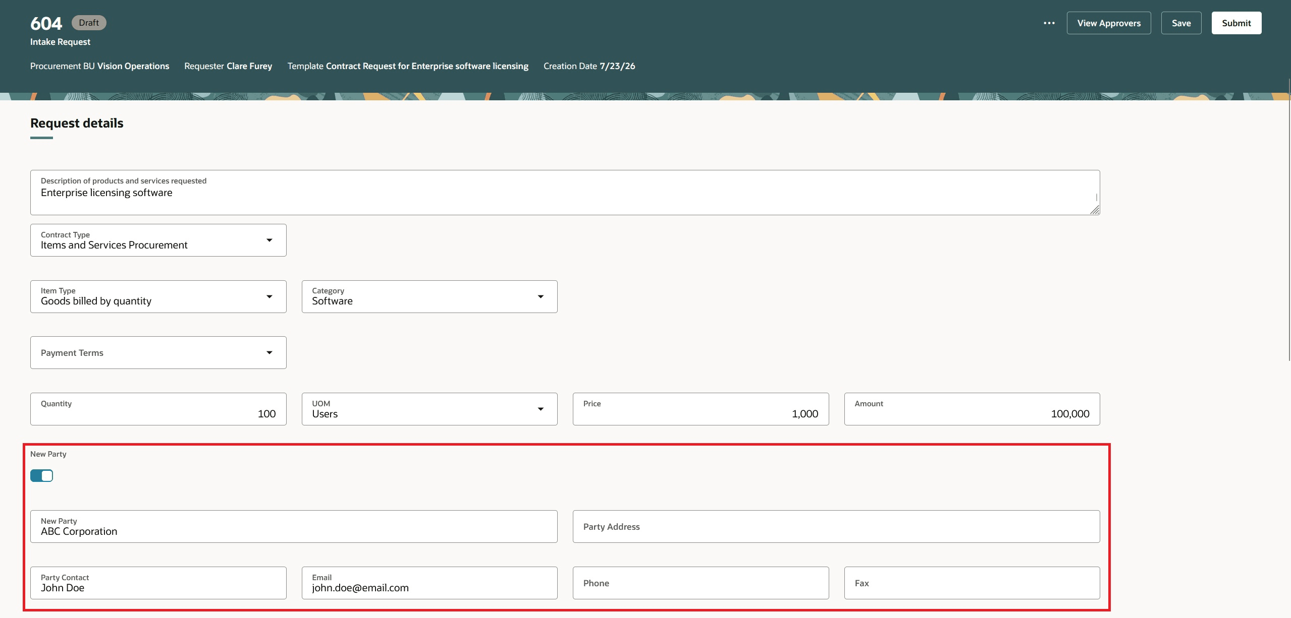 Intake request edit page - new party details