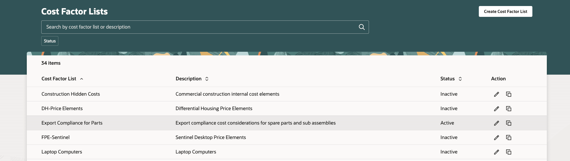 Set up reusable cost factor lists