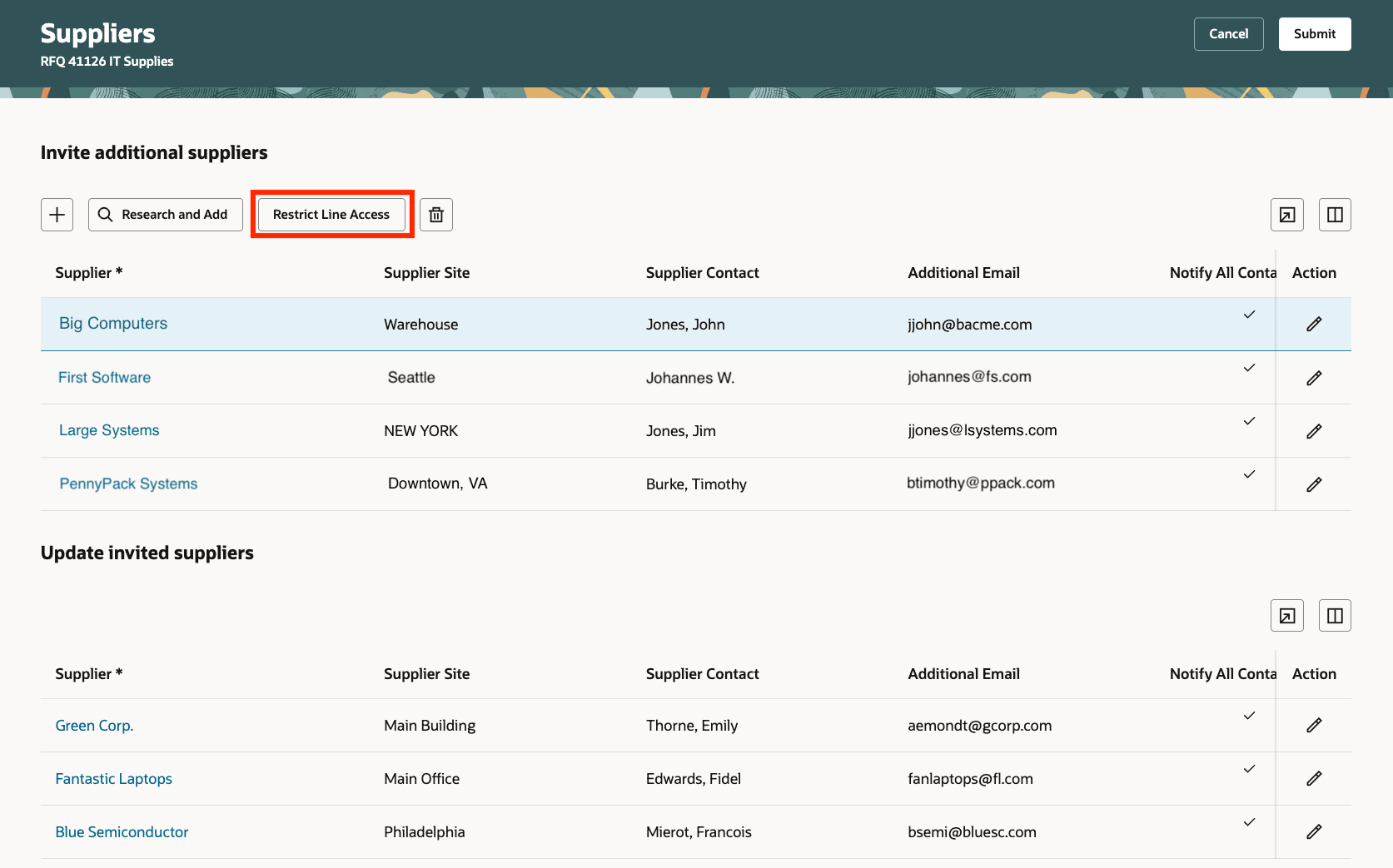 Manage suppliers - restrict line access