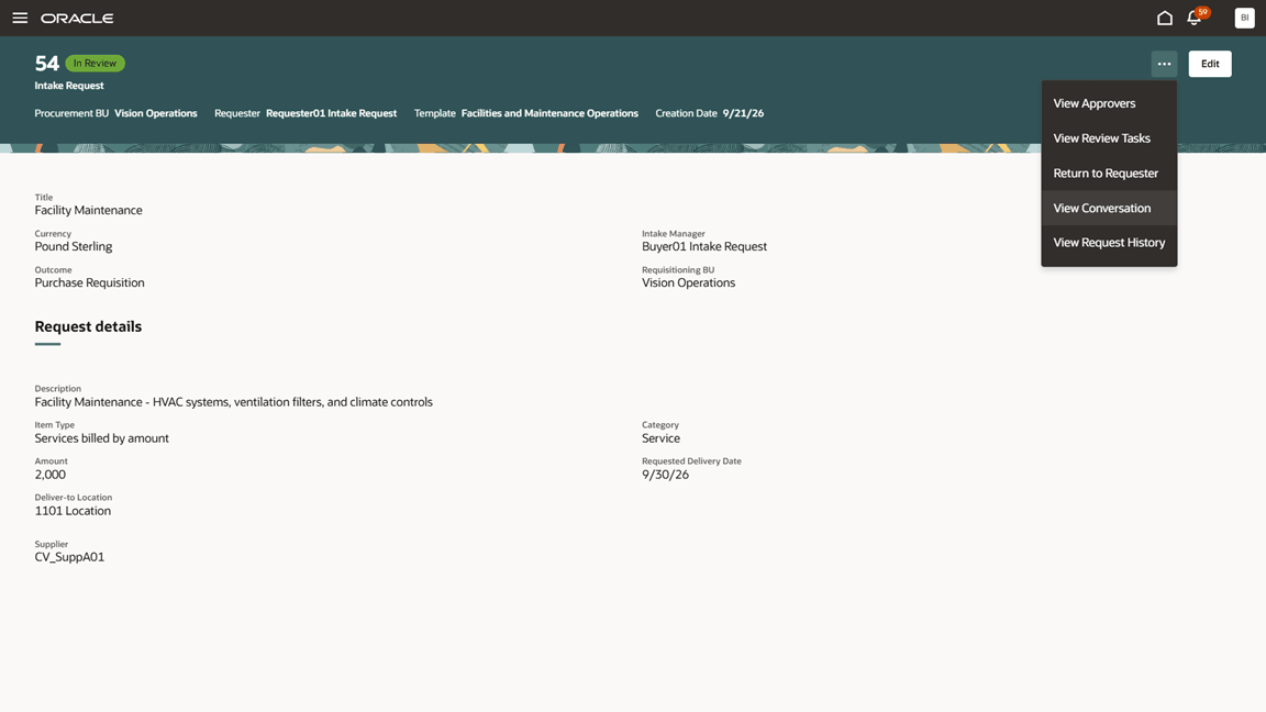 Open the intake request conversation while reviewing the request