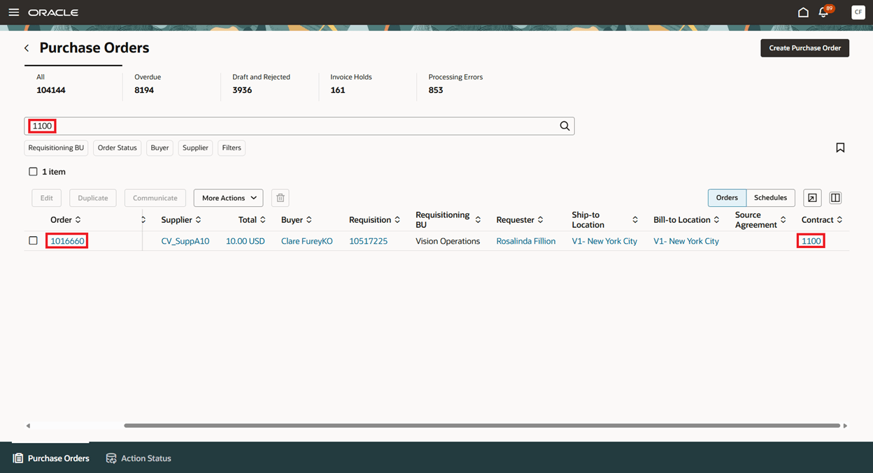 Search Results Displaying a Purchase Order Associated with a Procurement Contract