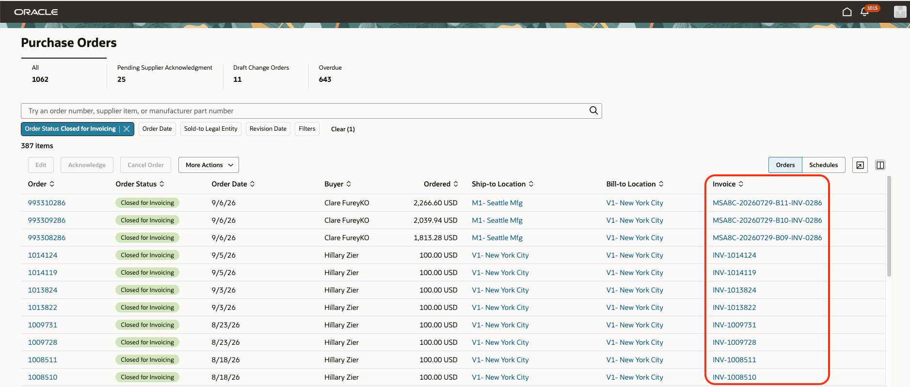 Invoice hyperlink in purchase orders search results