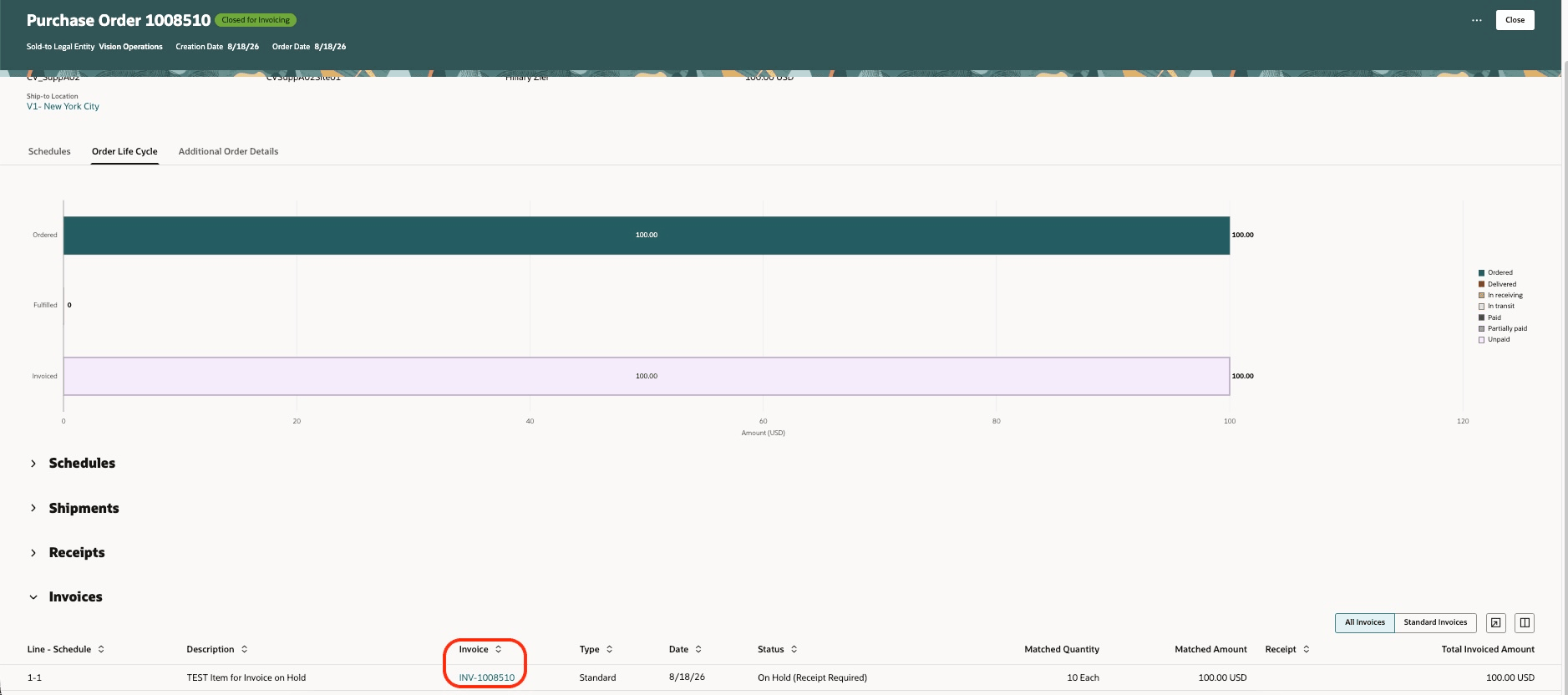 Invoice hyperlink when viewing purchase order lifecycle