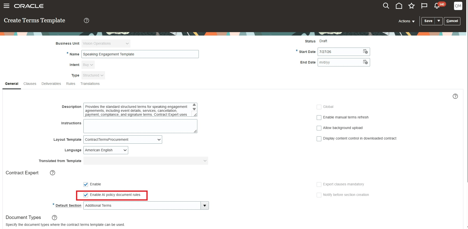 Enable AI policy document rules from Terms Template