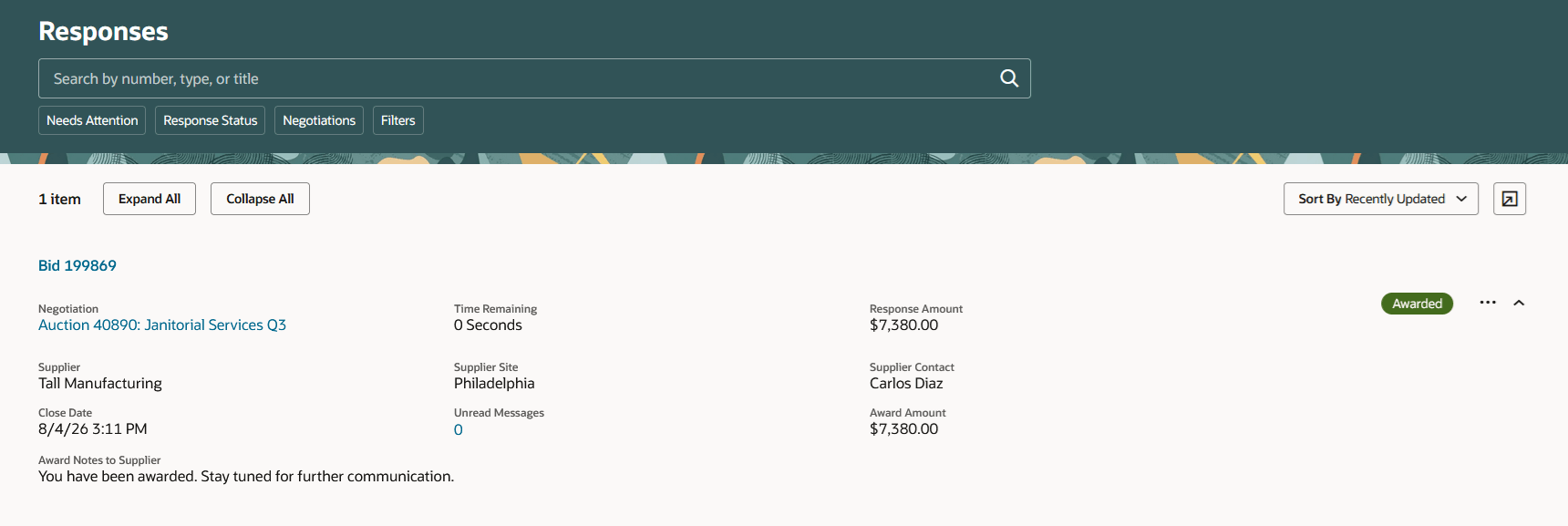 Award Notes in Supplier Portal