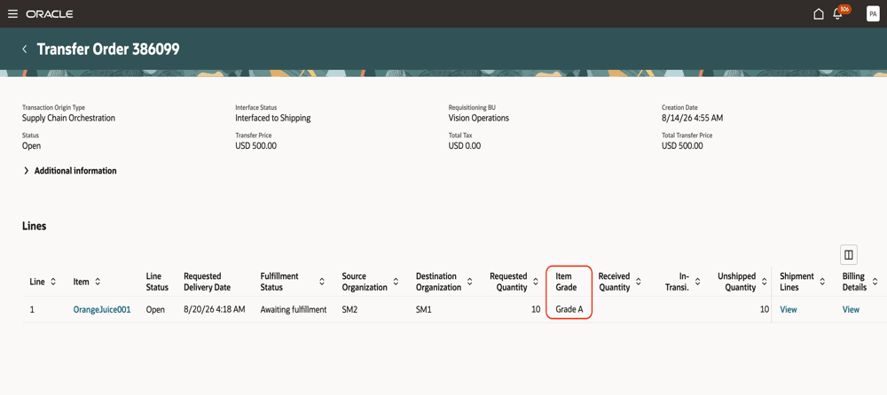 View item grade on transfer order