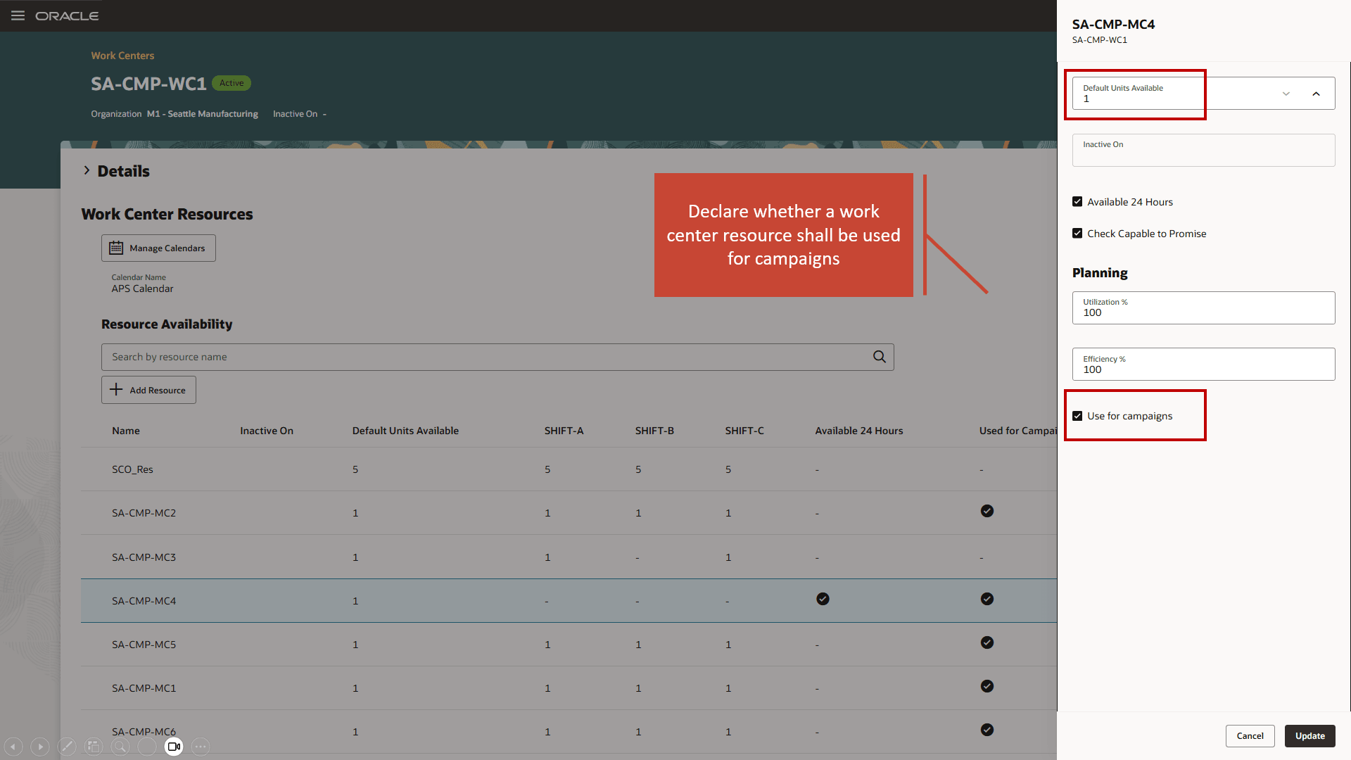 Defining Campaign Resources in Work Center Resources