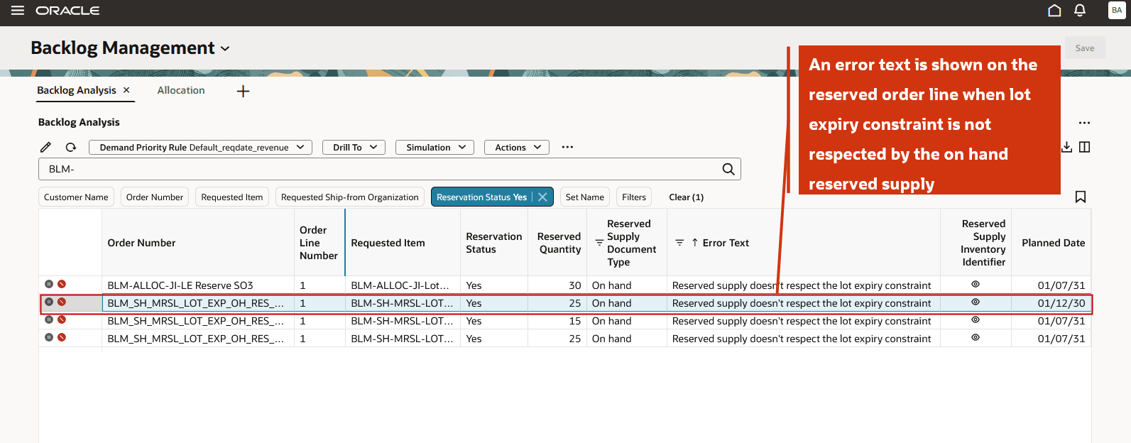 Error Text Shown on Violation of Lot Expiry Constraint for Reserved Order Lines