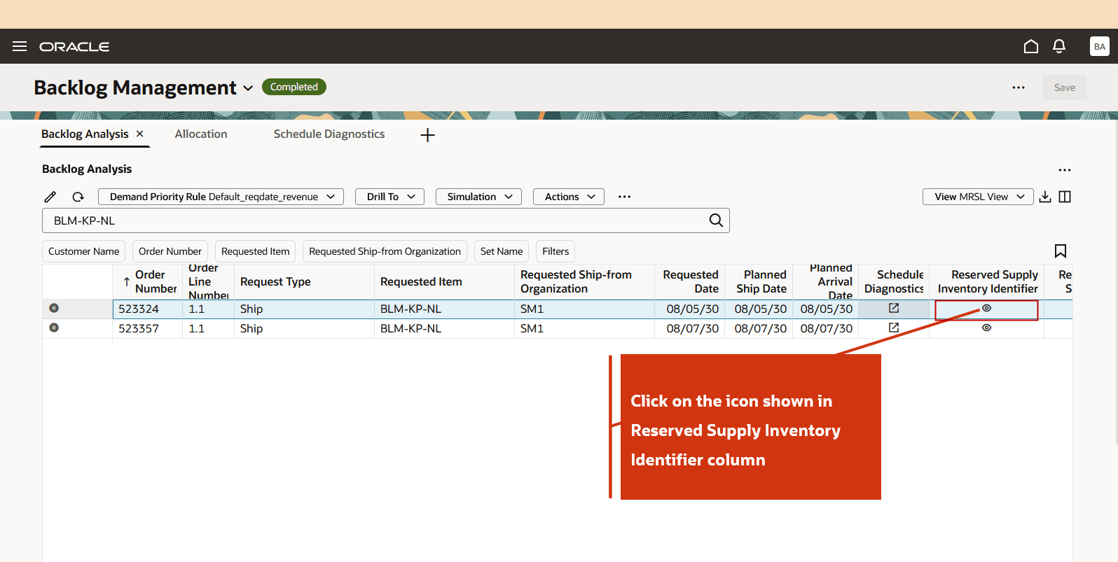 Backlog Analysis View showing Reserved Supply Inventory Identifier Icon