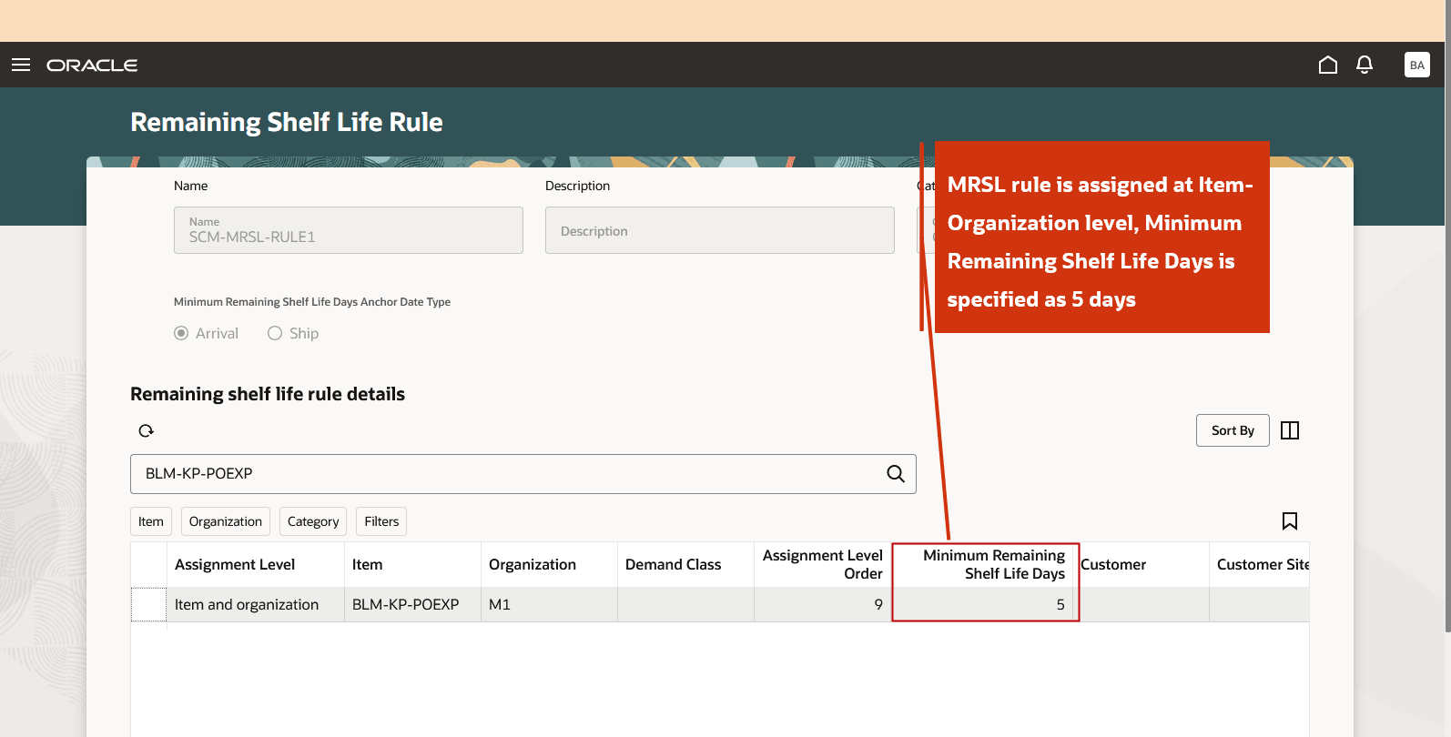 Minimum Remaining Shelf Life Rule assigned at Item-Organization Level