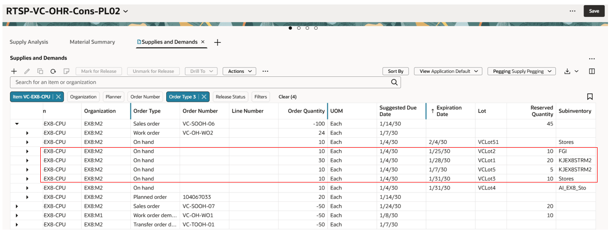 Reservation pegging output of a sales order and on-hand supplies in supply plan