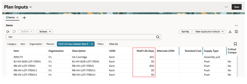 Collected Shelf Life Days item attribute displayed in Items in Plan Inputs