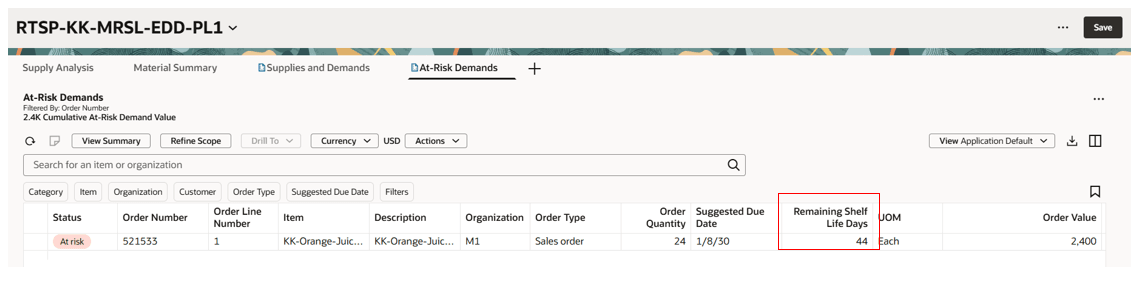 Remaining Shelf Life Days displayed on the At-Risk Demands page