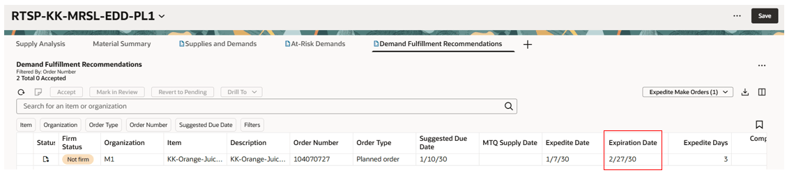 Expiration Date of the supply displayed on Demand Fulfillment Recommendations page