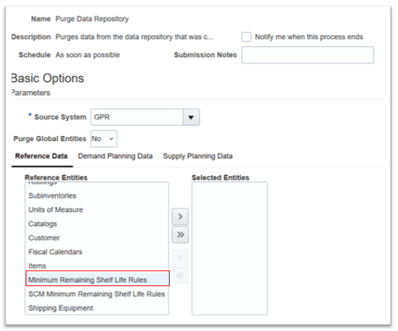 Minimum Remaining Shelf Life Rules reference data in Purge Data Repository