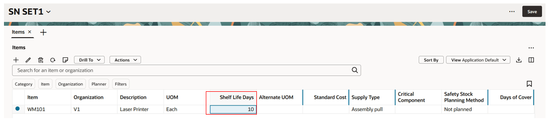 Shelf Life Days item attribute in simulation set