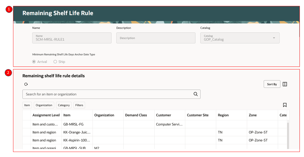 Remaining Shelf Life Rule page details