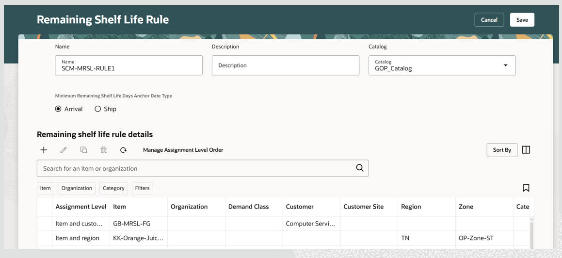 Remaining Shelf Life Rule page