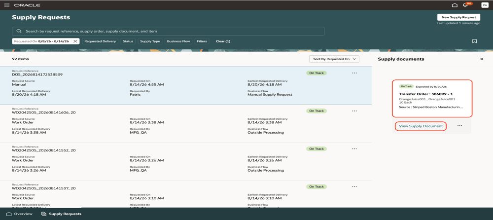View transfer order created in supply requests