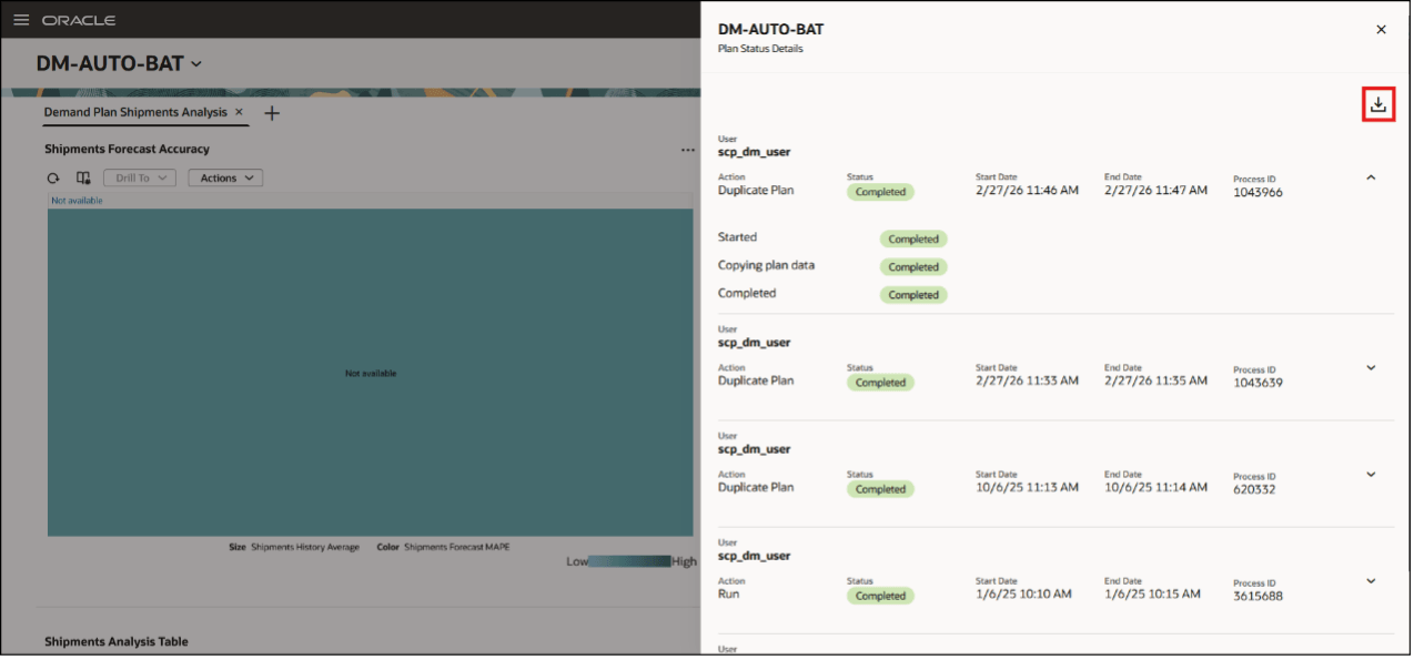 Export icon in Plan Status Details drawer