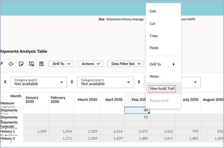Menu item for audit trail in menu for editable cell