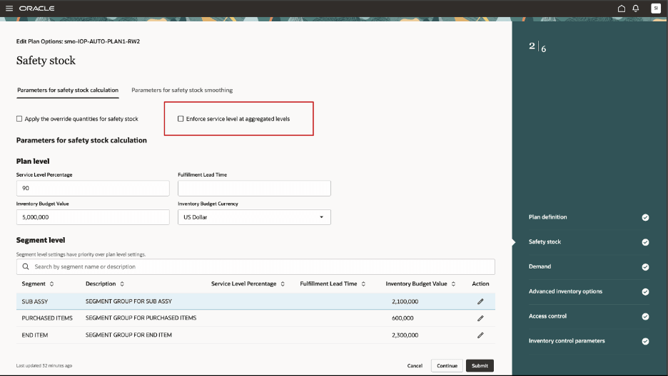 Enforce service level at aggregated levels checkbox