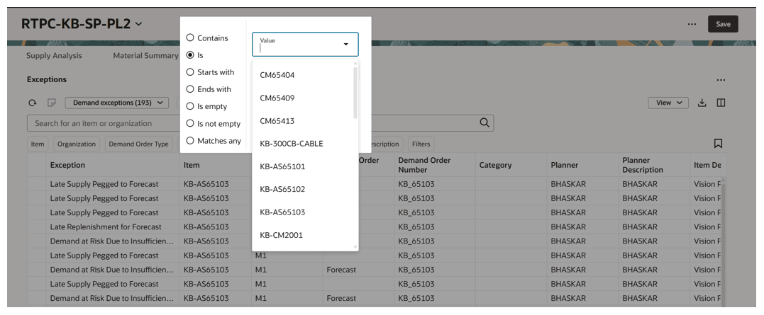 Column filter displayed for Item column which has string data type in Exceptions