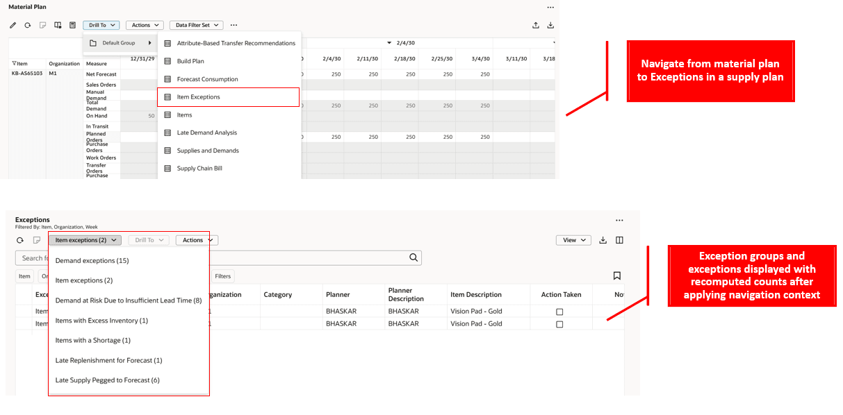 Exception groups and exceptions displayed with relevant details, applying navigation context drill from material plan in a supply plan
