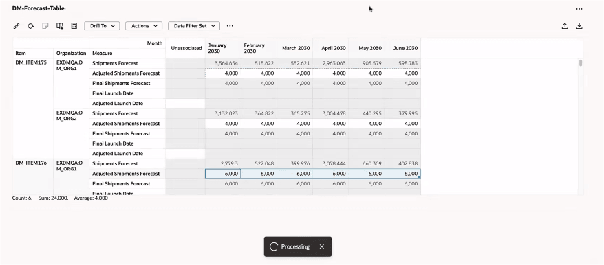 A Processing indicator appears while entered values are updated.