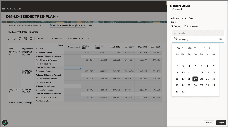 Select a date from the date picker when mass editing a date-based measure