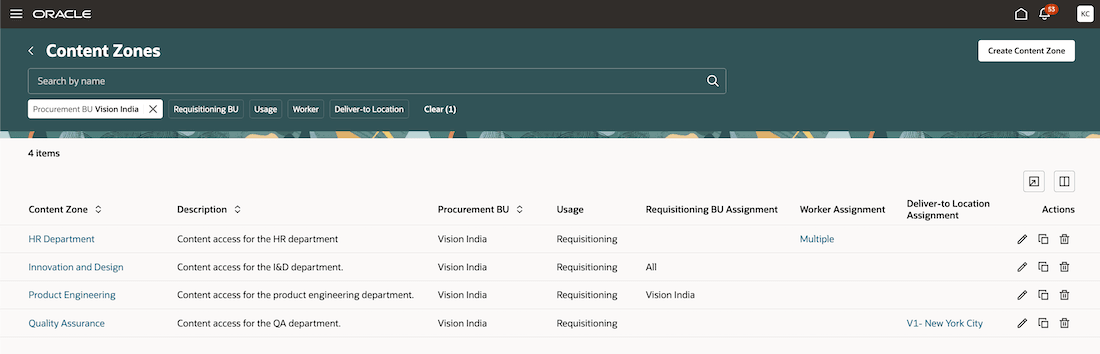 Manage page for content zones setup