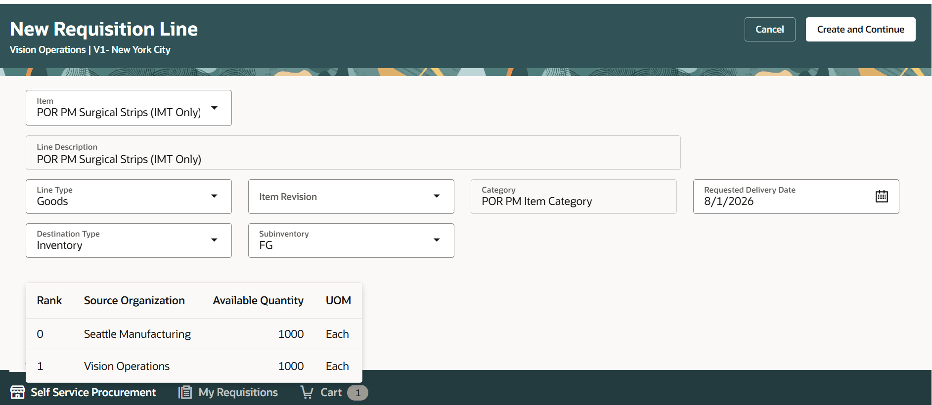 Sekect the Destination Org when using the Enter Requisition Line flow