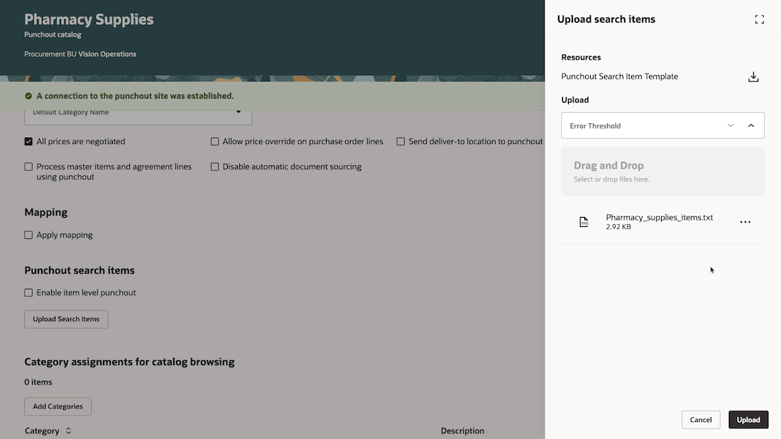 Upload punchout search items